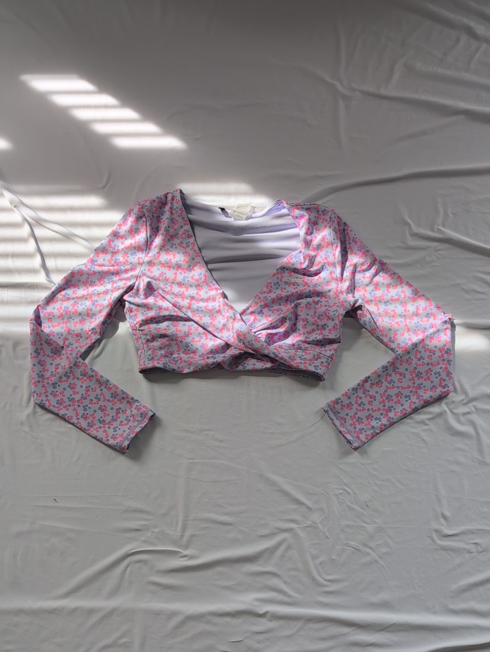 Pink Floral Wrap-Front Long Sleeve Crop Top